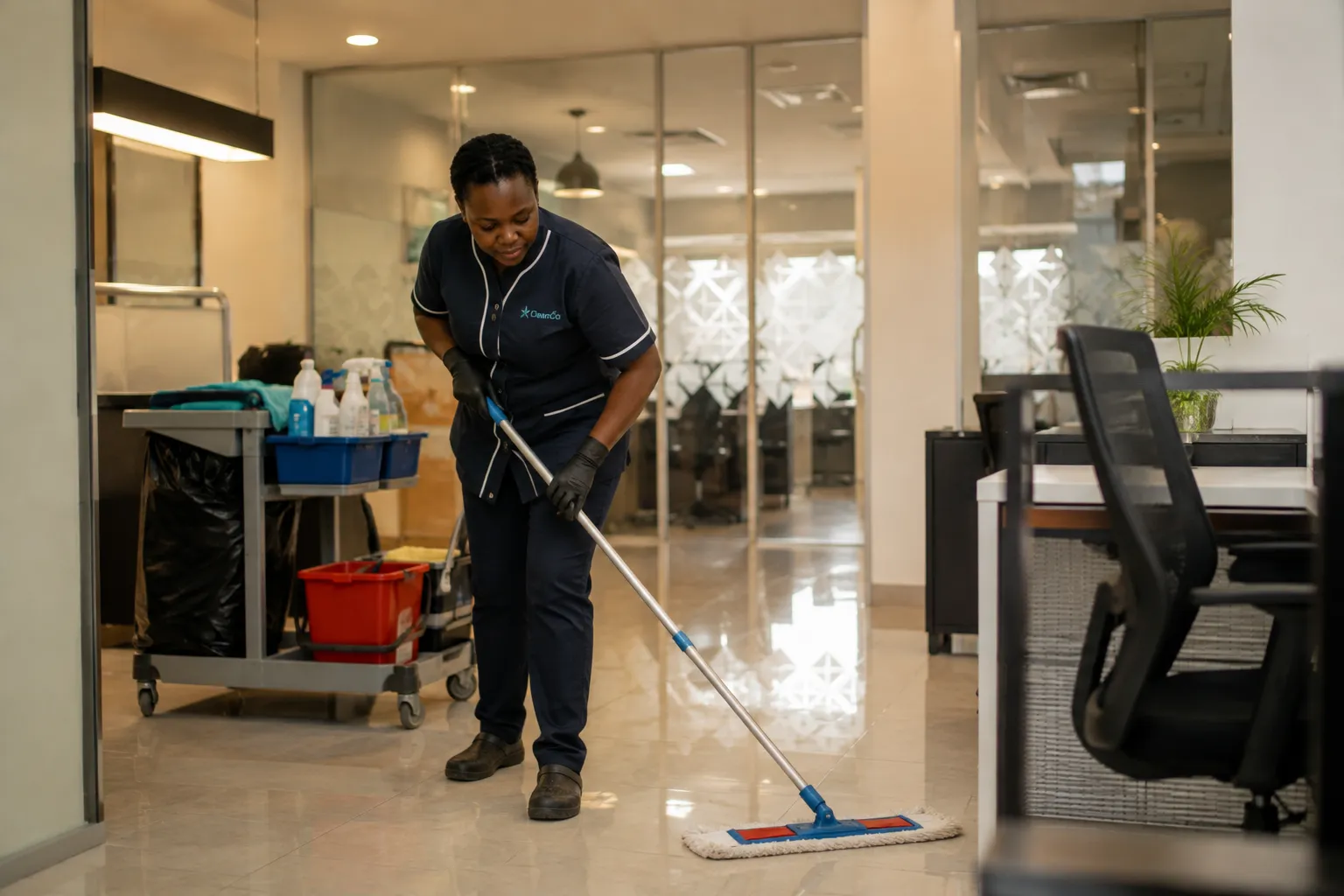 Commercial cleaning staff member using professional equipment to polish office floors