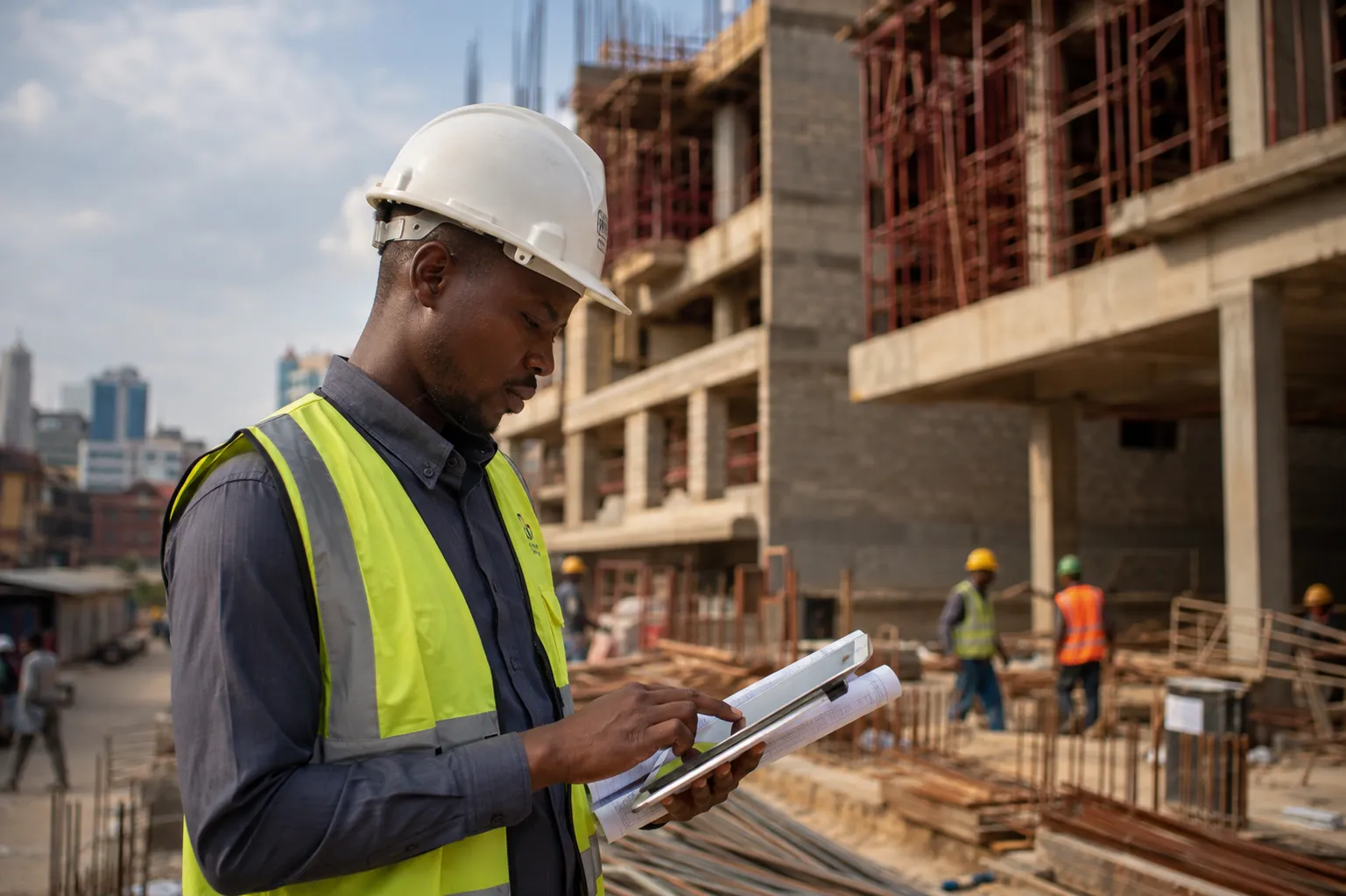 Construction manager wearing a hard hat inspecting building blueprints on an active site