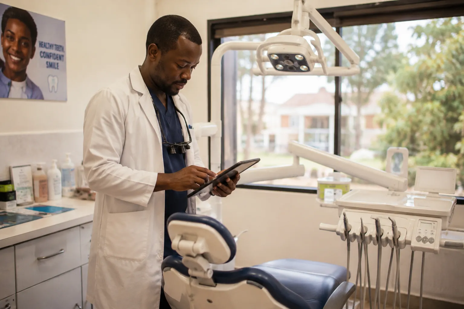 Dentist in surgical mask performing a dental checkup for a patient in a sterile, modern clinic