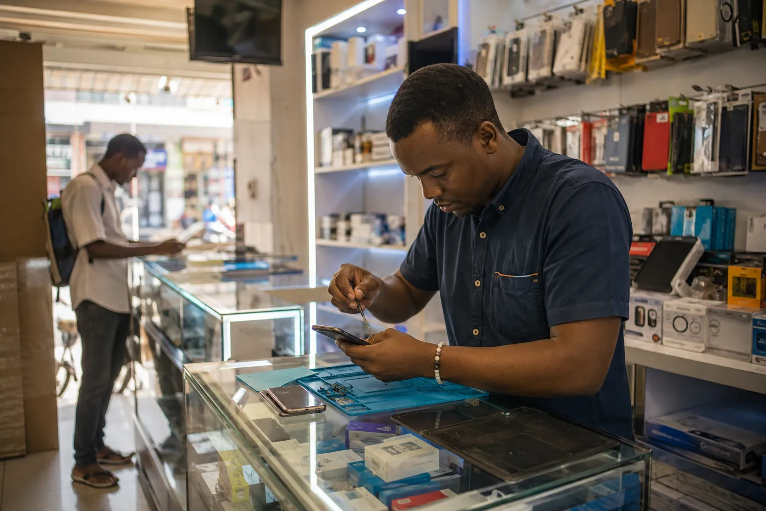 Customer inspecting smartphones and gadgets displayed on shelves in an electronics store